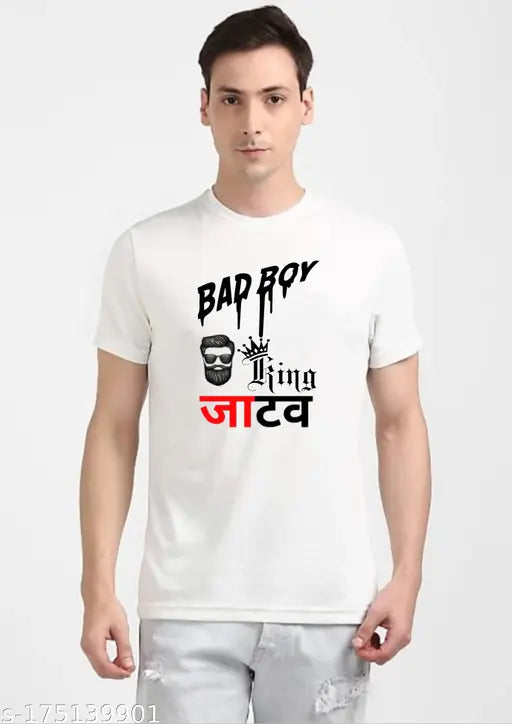 Printed polycotton Jatav round neck men's T-shirt, trending fashion for XS to XL sizes, white background