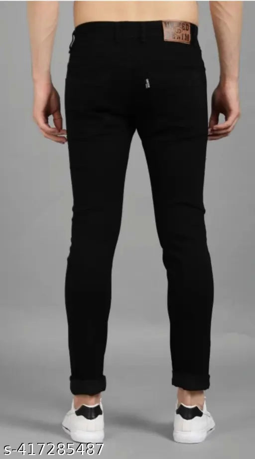 Cotton stretch mid-rise black men's jeans, modern fit with comfortable waist and trendy washed pattern