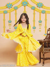 Girls yellow printed Anarkali palazzos set in Rayon
