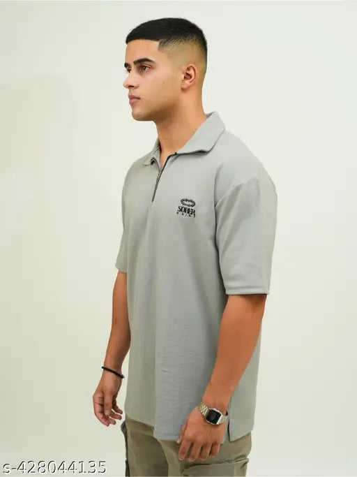 Grey cotton dropped shoulder polo t-shirt for men with zipper, half sleeve, and classic collar by SOBER SAINT. Ideal for casual outings in India