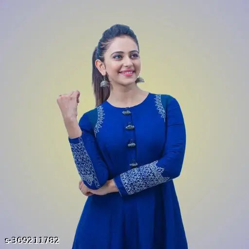 Royal blue rayon anarkali kurti with Rakul printed combo, three-quarter sleeve length