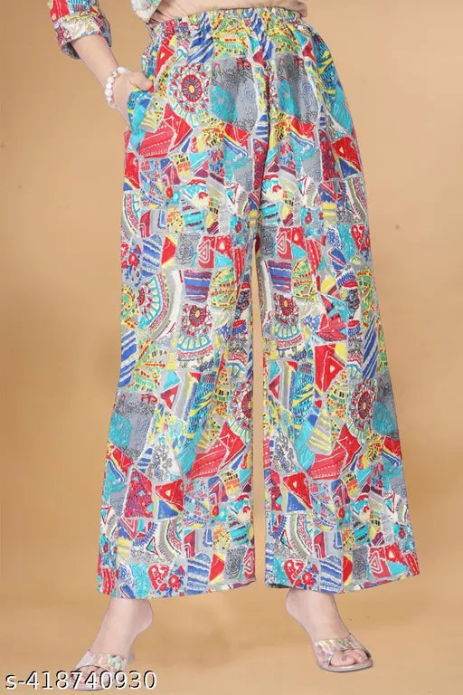 Multi-color rayon kurta palazzo set for women, vibrant printed design, Indian handcrafted party and wedding wear