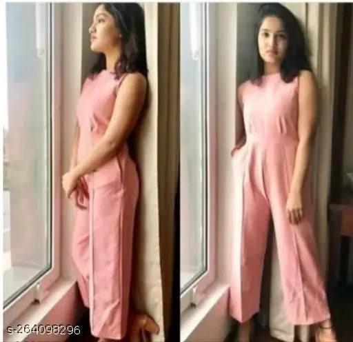 Peach viscose sleeveless jumpsuit for women, solid and pleated with round neck - size S, M, L, XL (Origin: India)