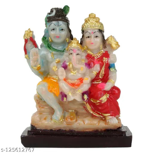 Marble Shiv Pariwar sitting figurines: Shiv Ji Parvati MATA, Ganesh Ji - religious decorative showpiece idols (10cm L x 10cm H)