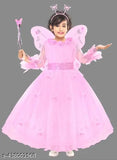 Pink cotton linen embellished net Pari dress with wings and hair band for girls (ages 2-8), India origin