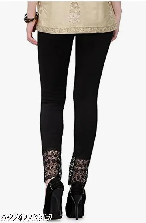 Minimus black lace cotton-lycra leggings, women and girls bottom wear