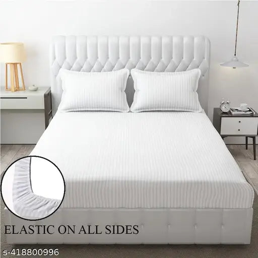 Premium Glace Cotton striped fitted double bedsheet and 2 pillow covers, white, breathable and hypoallergenic for summer use