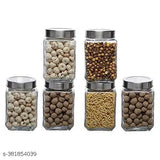 Transparent glass jar set for kitchen storage (dry fruits, pickle, achar, masala, grocery grains), airtight with silver see-through lids (set of 6), India-made