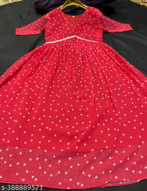 White and red heart pattern Georgette dress, V-neckline Alia cut kurti with comfortable fit and stylish wear