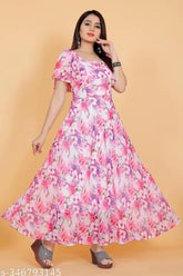 whitePink flower printed Georgette kurti for women, exclusive anarkali design with short sleeves, square neck and digital print on Indian origin