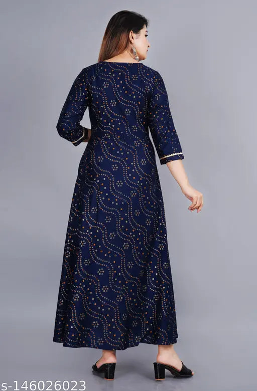 Rayon Anarkali Kurta with 3/4th sleeves, gold printed pattern, and flared style - Comfortable for casual wear, perfect for family gatherings or outings, machine washable, origin India