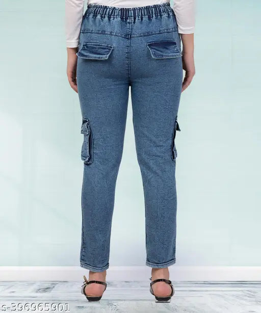 Stretchable Premium Denim Cargo Blue Jogger Jeans - Mid-waist, baggy style, elastic waist, ankle cuff pants for plus size women xl2xl 3xl 4xl, denim fabric