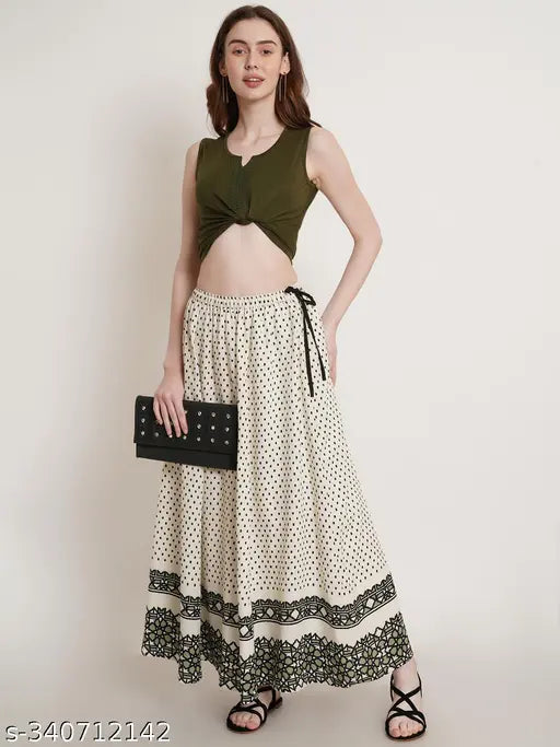 Off-white cotton maxi skirt with crepe lining, printed net pattern - elegant and comfortable women's fashion from Hive91