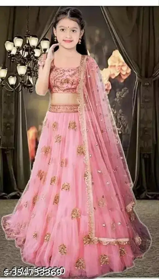Embroidered net lehenga-choli set with dupatta for girls aged 3-14 years, Indian traditional clothing with short sleeves and various sizes available