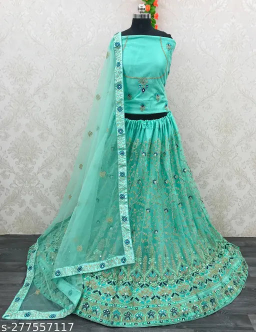 Aqua blue net Lehenga Choli with embroidered patterns, perfect for traditional occasions. High-quality fabric, free size." (120 characters)