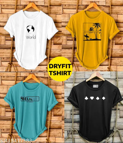 Printed polyester short-sleeve T-shirt combo in M, L, XL, XXL on display
