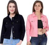 Black and Pink denim jacket combo, solid-pattern long sleeves for women's stylish comfort - Made in India