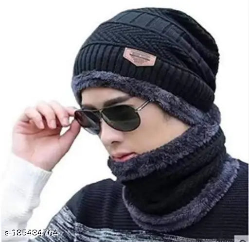 Woolen Thani Ka Ilaj Winter Beanie Hat, Scarf Set with Fur Lining - Unisex Balaclava Cap