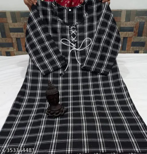 Black large woolen straight kurti for winter, 3/4 sleeves, checked design. Woolen women's kurti with front slit and casually wearable