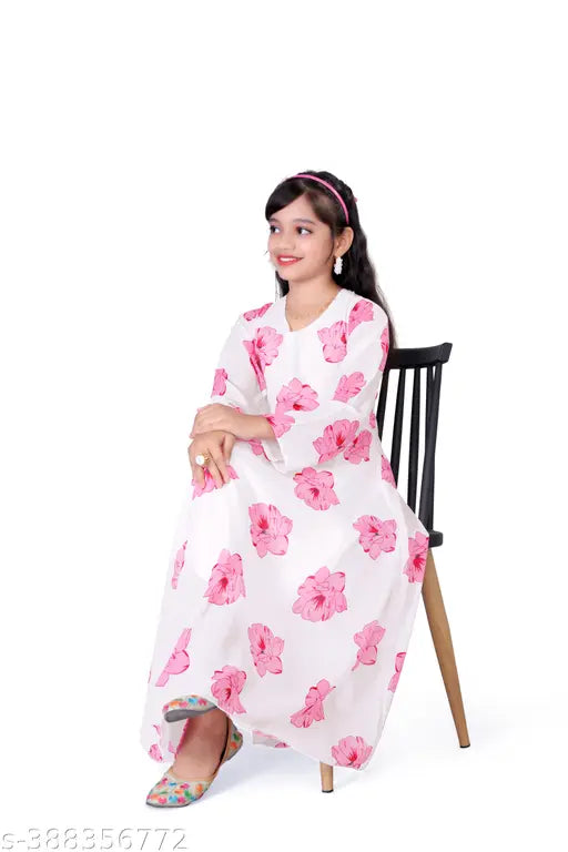 Indian ethnic print Georgette gown, long sleeves, vibrant floral design. Perfect for young girls' events." (97 characters)