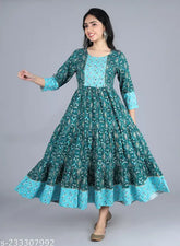 Rayon print Anarkali Kurta with yog stone hand work, traditional Indian women's outfit with three-quarter sleeves and printed design
