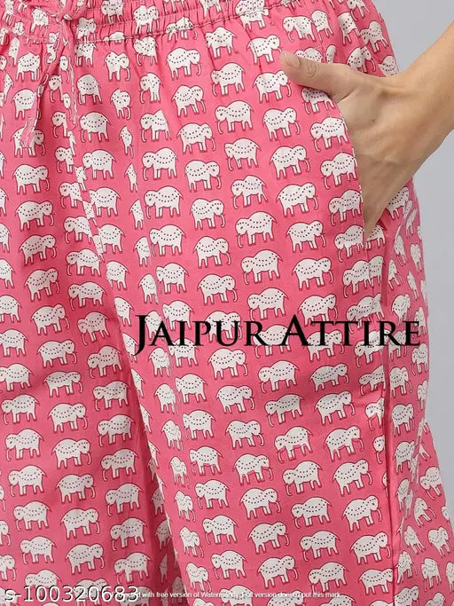 Pink pure cotton printed nightsuit by Jaipur Attire, featuring round neck and three-quarter sleeves, made in India