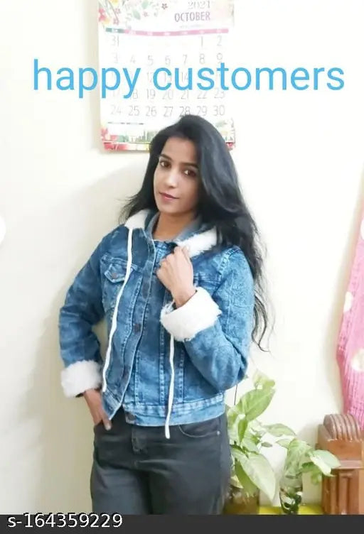 Denim cap fur jacket, women's winter solids, long sleeves, XS (32in bust, 20in length), made in India