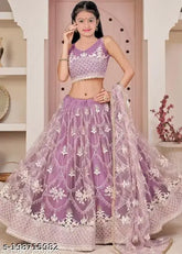 Embroidered net ethnic wear lehenga choli and dupatta set, semi-stitched, 9-14 years, India