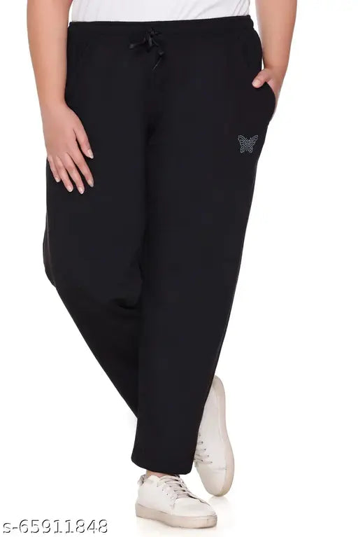 Black cotton fleece track pants (3XL/4XL/5XL) for women - warm, soft, and ideal for winter sports, yoga, or casual wear
