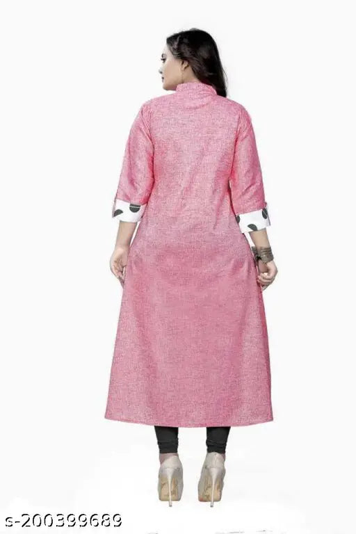 Pink cotton printed kurti, three-quarter sleeves, solid combo. Ideal for parties and outings. Perfect fit and comfort. Made in India