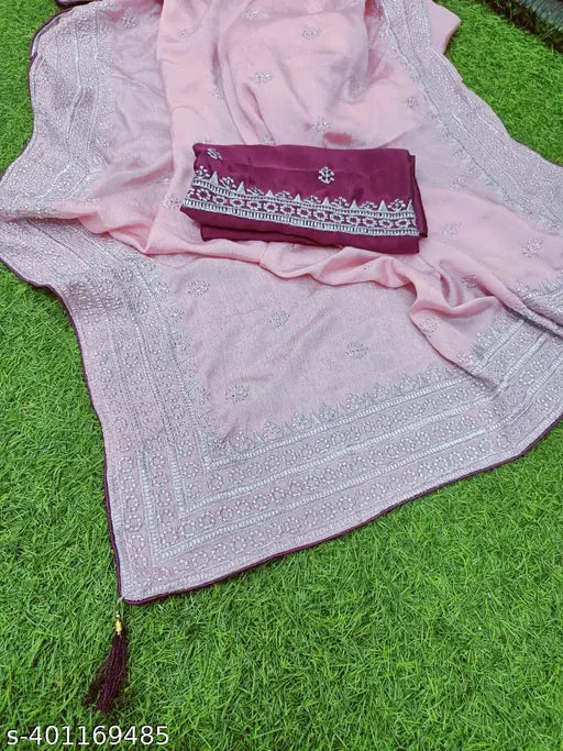 Pink chiffon embroidered ZHALAK PINK-005 saree with separate blouse piece, India origin