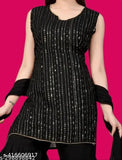 Black faux georgette kurta with sequin embroidery, stitched with sharara and dupatta