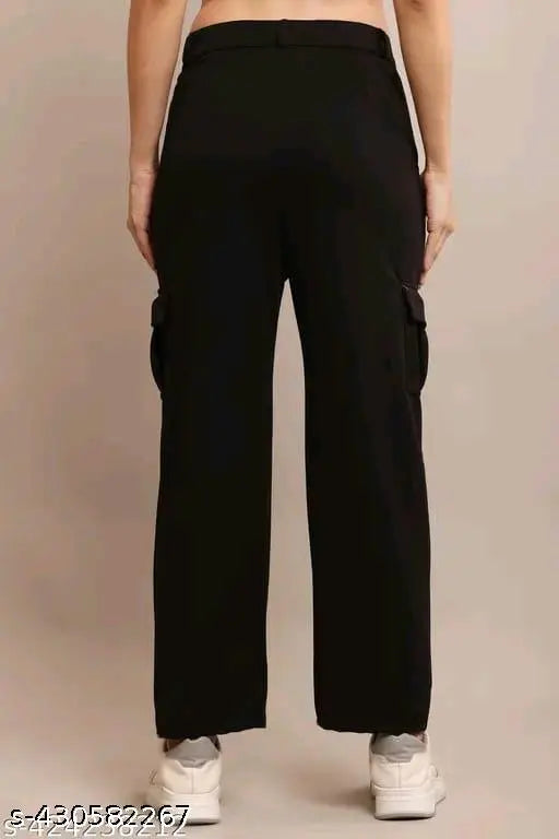 Black Lycra cargo pant for men, solid design with deep pockets