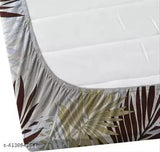 Cream cotton double bed sheet, 250TC elastic, botanical design, 72x78 inches, 2 pillow covers included