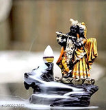 Polyresin Krishna idol backflow fountain, decorative showpiece with incense cones, handcrafted and eco-friendly home decor item, India origin