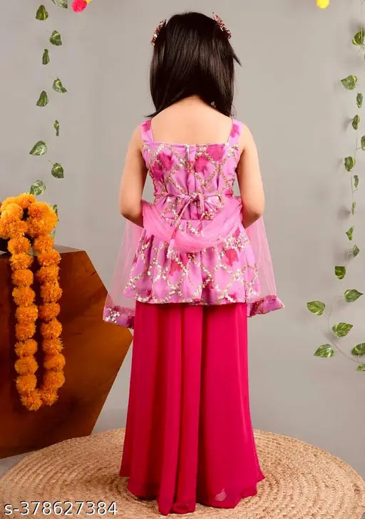 Georgette embroidered A-line plazzo set for ethnic wear, embellished with long sleeves and matching net dupatta, size 2-3 years