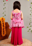 Georgette embroidered A-line plazzo set for ethnic wear, embellished with long sleeves and matching net dupatta, size 2-3 years