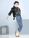 Leatherite jacket for girls, solid pattern, long sleeves from Haaupers India