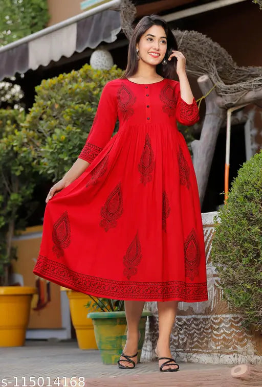 Soft rayon embroidered kurti for women, summer collection, festive wear print (S - Bust 36", L 50"; Made in India)