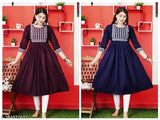 Maroon and Blue Rayon Anarkali Kurti with Rich Embroidery, premium Indian fashion wear on mannequin