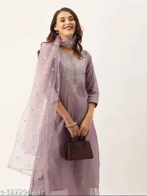 Mauve Chanderi Silk Women's Kurta Set with Trousers & Dupatta - Indian handcrafted, solid pattern, three-quarter sleeves