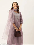 Mauve Chanderi Silk Women's Kurta Set with Trousers & Dupatta - Indian handcrafted, solid pattern, three-quarter sleeves