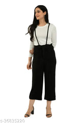 Black cotton blend dungaree set with white t-shirt, stylish and comfortable women's partywear in multiple sizes (S28, M30, L32, XL34)