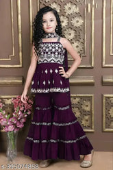 Embroidered crepe kids girls Kurta & Sharara set, A-line calf length top with sharara bottom, Indian fashion for ages 7-8 years