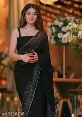 Whiteblack Zebra stripe poly georgette saree with separate art silk blouse, free size (length 5.5m, blouse length 0.8m), Indian origin