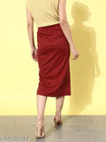 Maroon solid ruched midi skirt, polyester fabric with side-slit detail, women's fashion accessory from Style Quotient