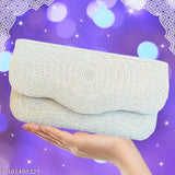 White beaded fancy clutch purse, embroidered net pattern, premium quality, spacious compartment for cards, free size (9in x 5in), Indian-made