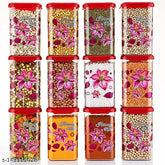 Pink plastic square airtight containers (1100 ML), flower printed with lock system. Space-saving kitchen storage for groceries or multi-use organizer. Dishwasher safe, freezer safe, and BPA-free. Made in India