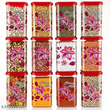 Pink plastic square airtight containers (1100 ML), flower printed with lock system. Space-saving kitchen storage for groceries or multi-use organizer. Dishwasher safe, freezer safe, and BPA-free. Made in India