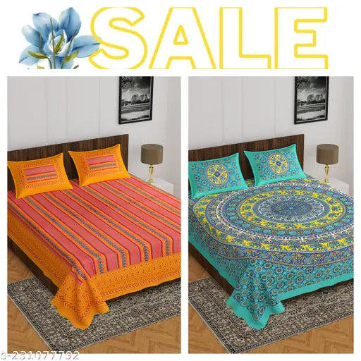 Striped superfine 100% cotton double bed sheets with 4 pillow covers, ideal for adults during mild winter seasons. Indian origin